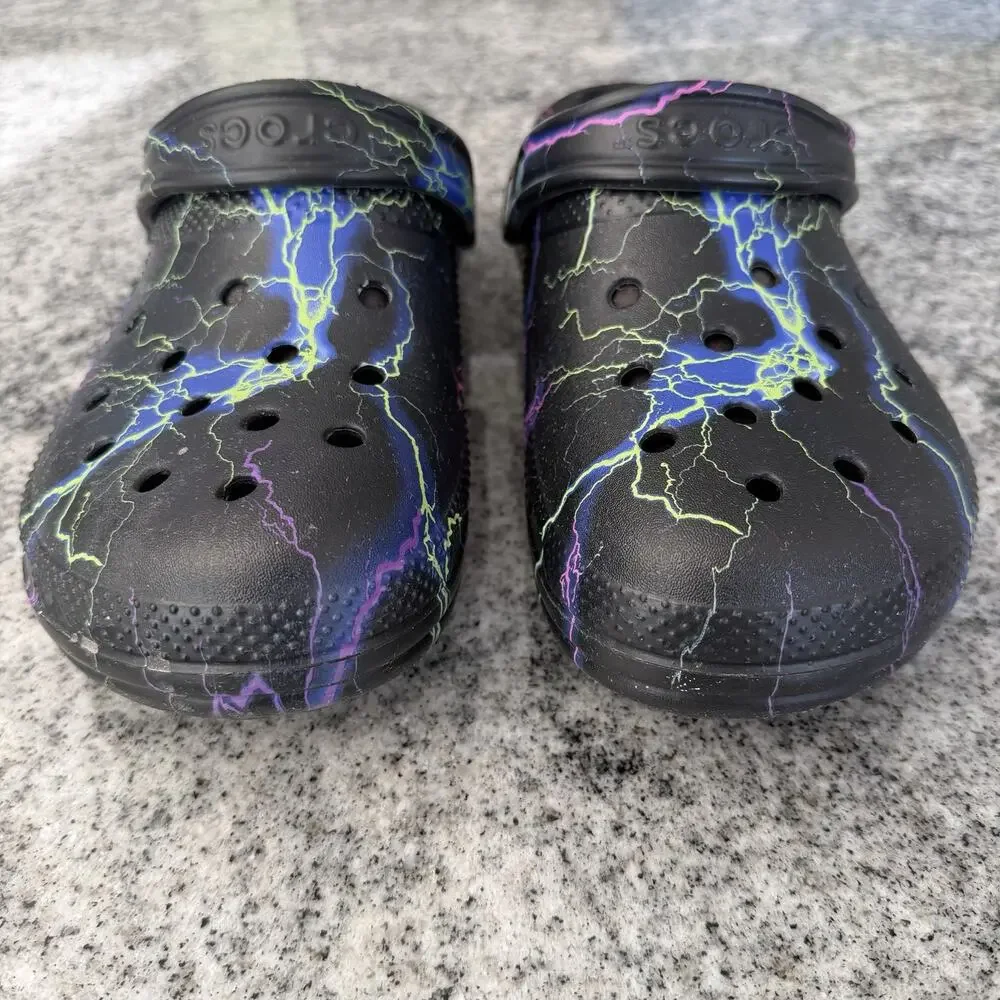 CROCS Classic Lined Clogs Black w Multicolor Lightning Bolts- Men's 8/Women's 10